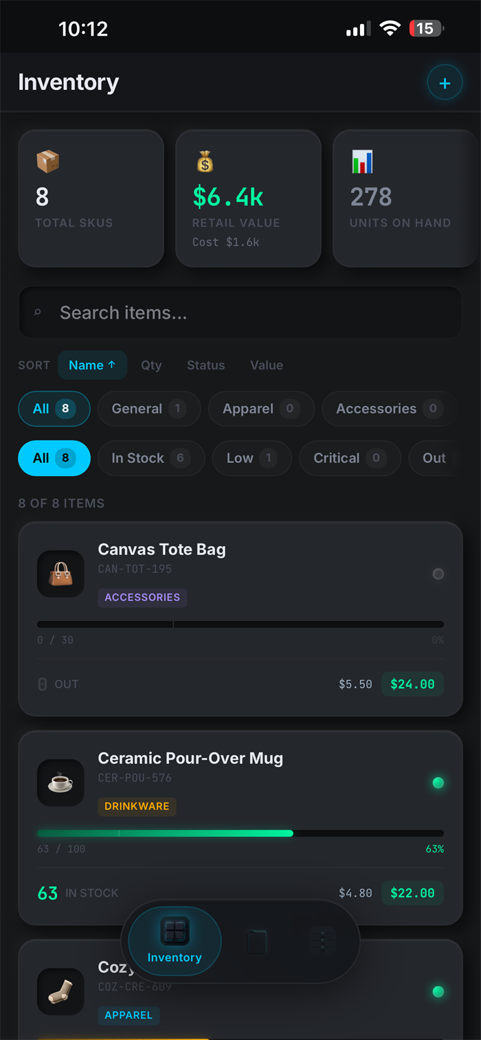 The Quota — inventory list with stock levels and KPIs