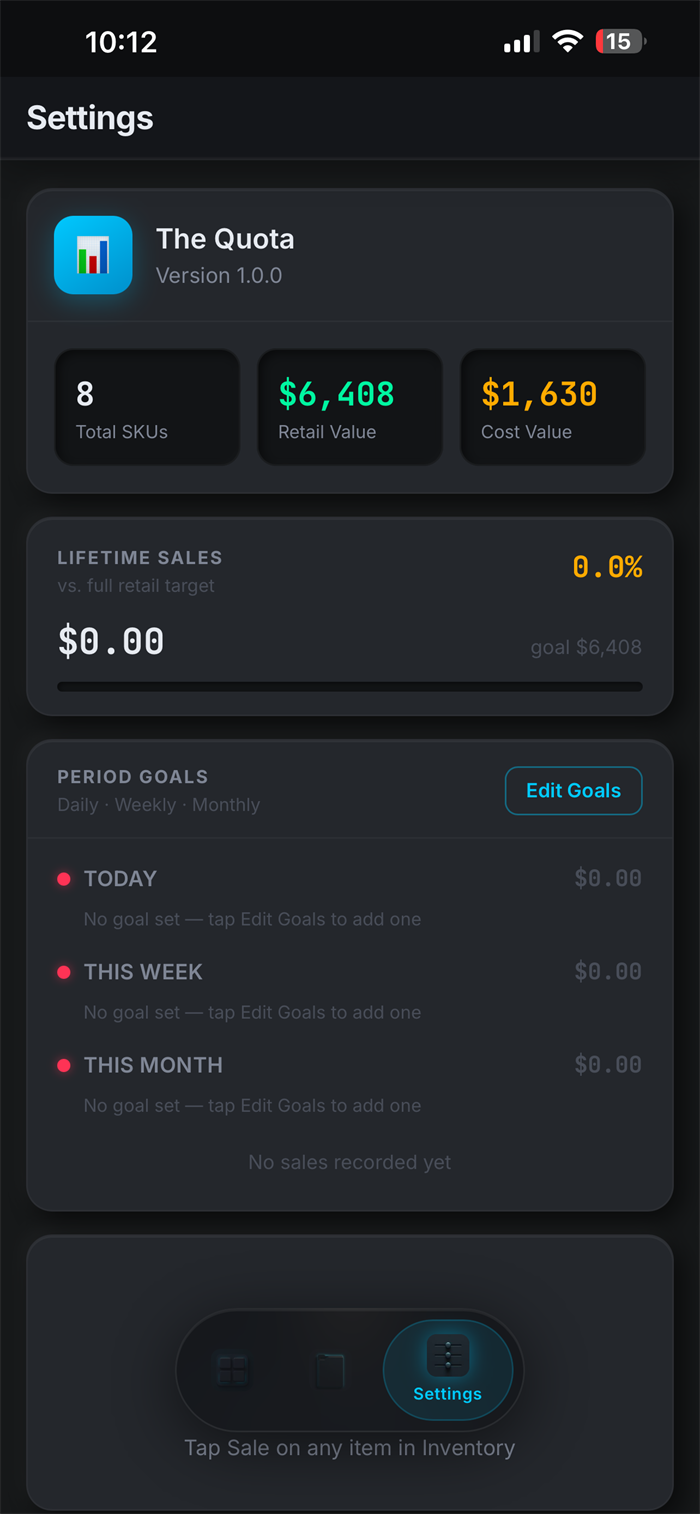 The Quota — settings dashboard with sales and goals
